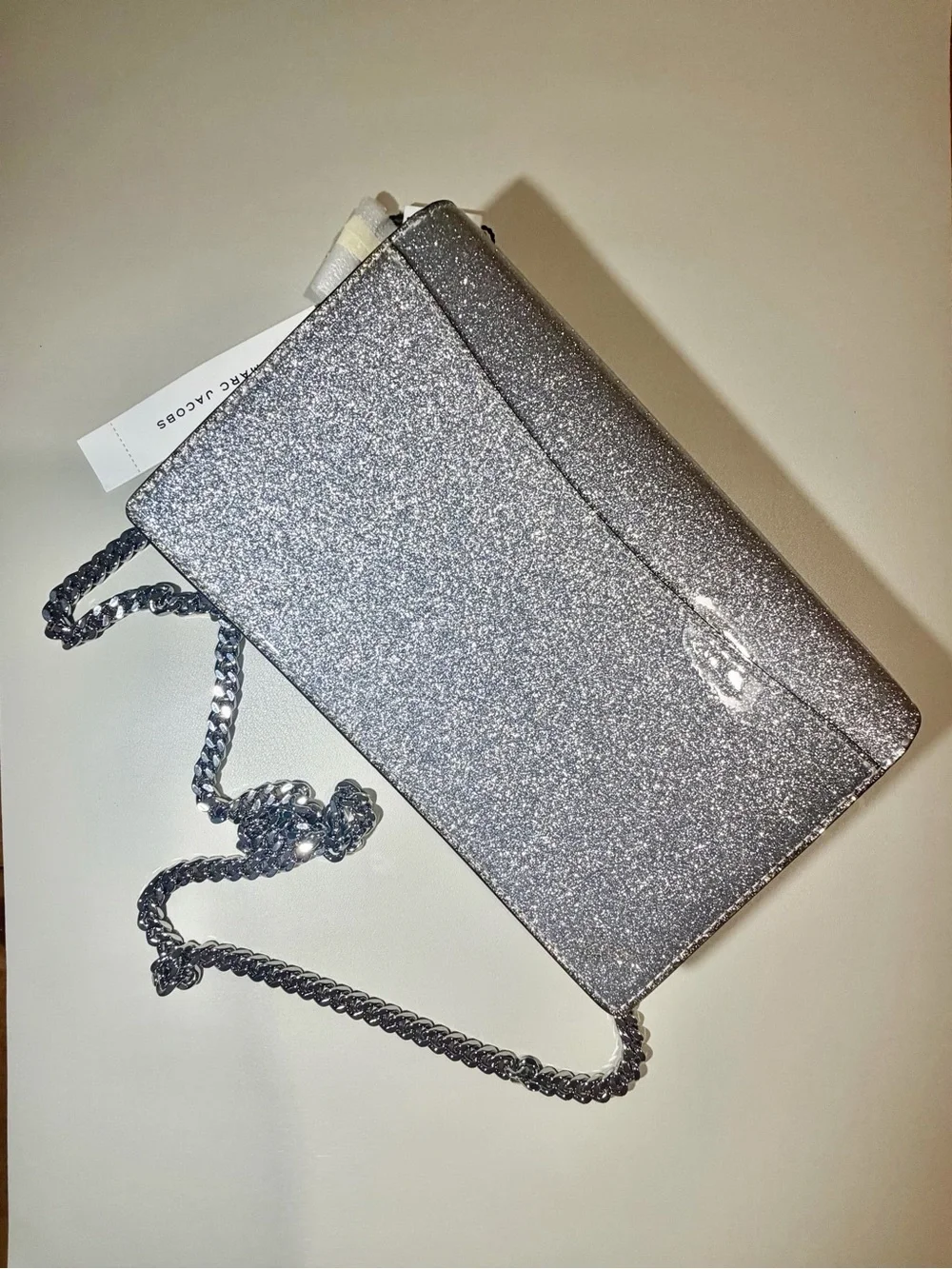 Marc Jacobs Silver Glitter Crossbody Clutch with Chain Strap